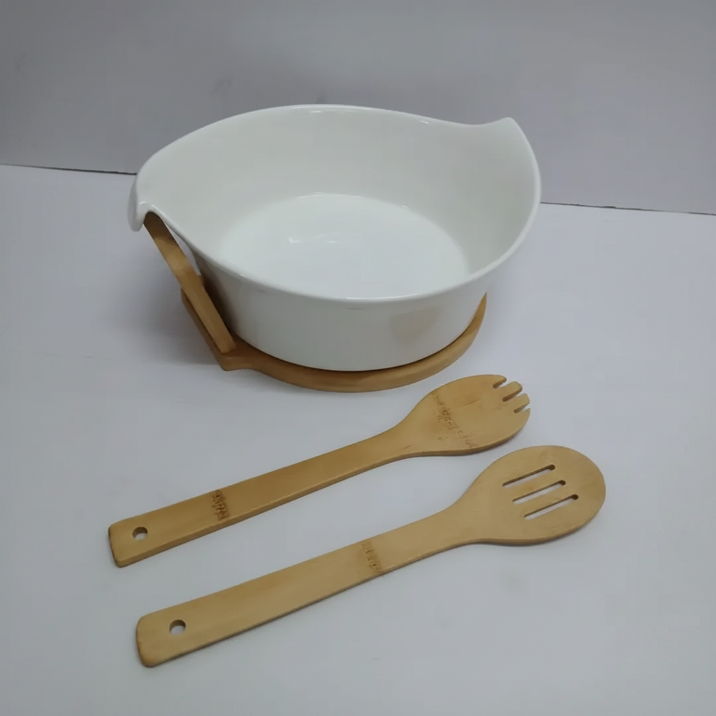 Salad Bowl Set - Ceramic with Bamboo Stand and 2 Serving Spoons White Kitchen & Dining Serving Bowls