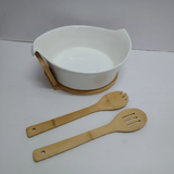 Salad Bowl Set - Ceramic with Bamboo Stand and 2 Serving Spoons White Kitchen & Dining Serving Bowls