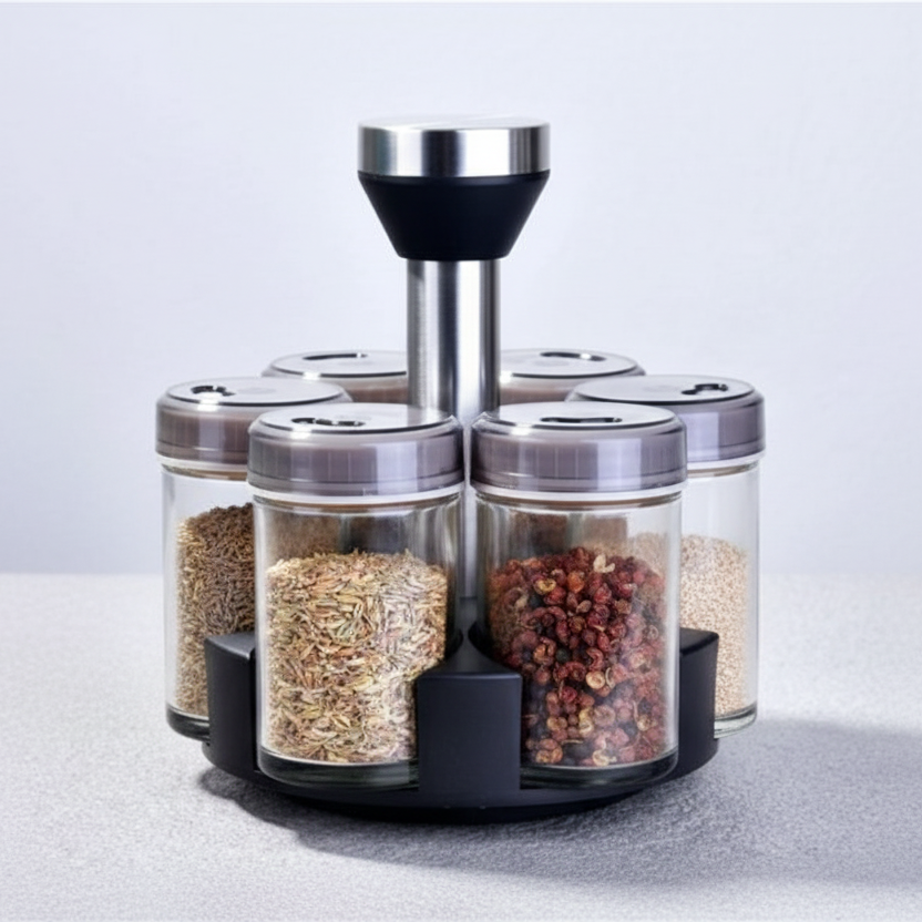 Spice Rack - Rotating 7-Jar Glass Organizer
