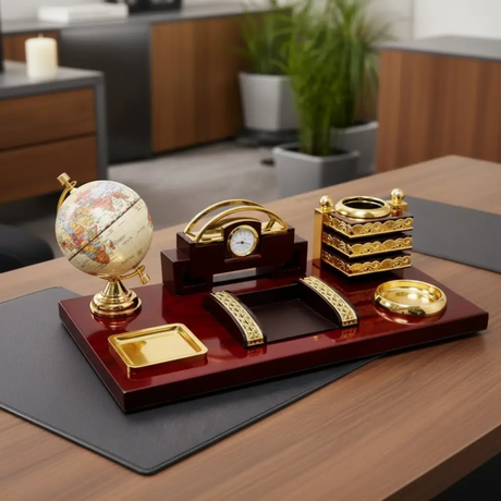 Desk Organizer - Executive Mahogany Gold 6-in-1 Set with Globe Clock Pen Holder and Calculator Home & Garden Desk Organizers