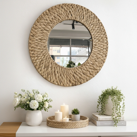 Boho Water Hyacinth Braided Round Wall Mirror 60cm Natural Handmade Home & Garden Mirrors