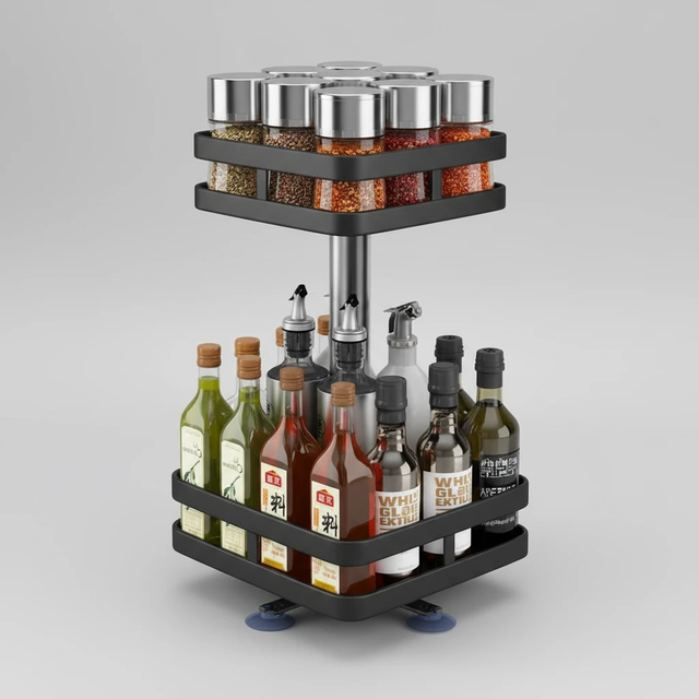 Rotating Spice Jar Glass Organizer 2-Tier Multifunctional Condiment Shelf 44x24x20.5cm Kitchen & Dining Spice Organizers