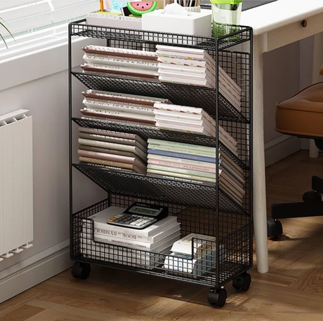 Wire Mesh Rolling Bookshelf 4-Tier with Wheels White Black 42x17x65cm Office Furniture Rack Bookcases & Shelves