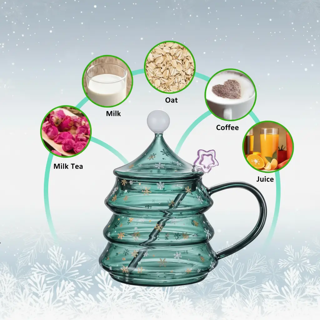 Glass Cup - Christmas Tree 400ml Borosilicate with Lid Spoon Gift Box Green Kitchen & Dining Coffee & Tea Cups