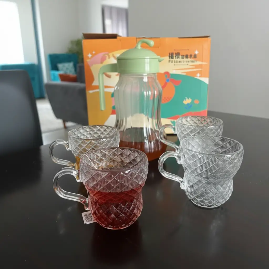 5pc Diamond-Cut Glass Drinkware Set 1.2L Pitcher + 4 Gradient Mugs Gift Box Kitchen & Dining Drinkware Sets