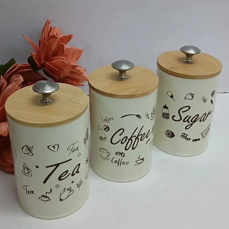 Canister Set - 3-Piece Tea Coffee Sugar Alloy Metal with Bamboo Lid Kitchen & Dining Uncategorized