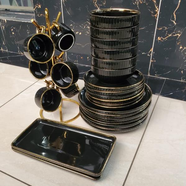 32-Piece Black Dinner Set with Gold Trim Ribbed Design