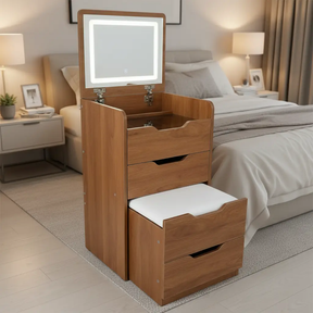 Compact Flip-Top LED Mirror Dressing Table with Stool Dressing Table Lighted Vanities