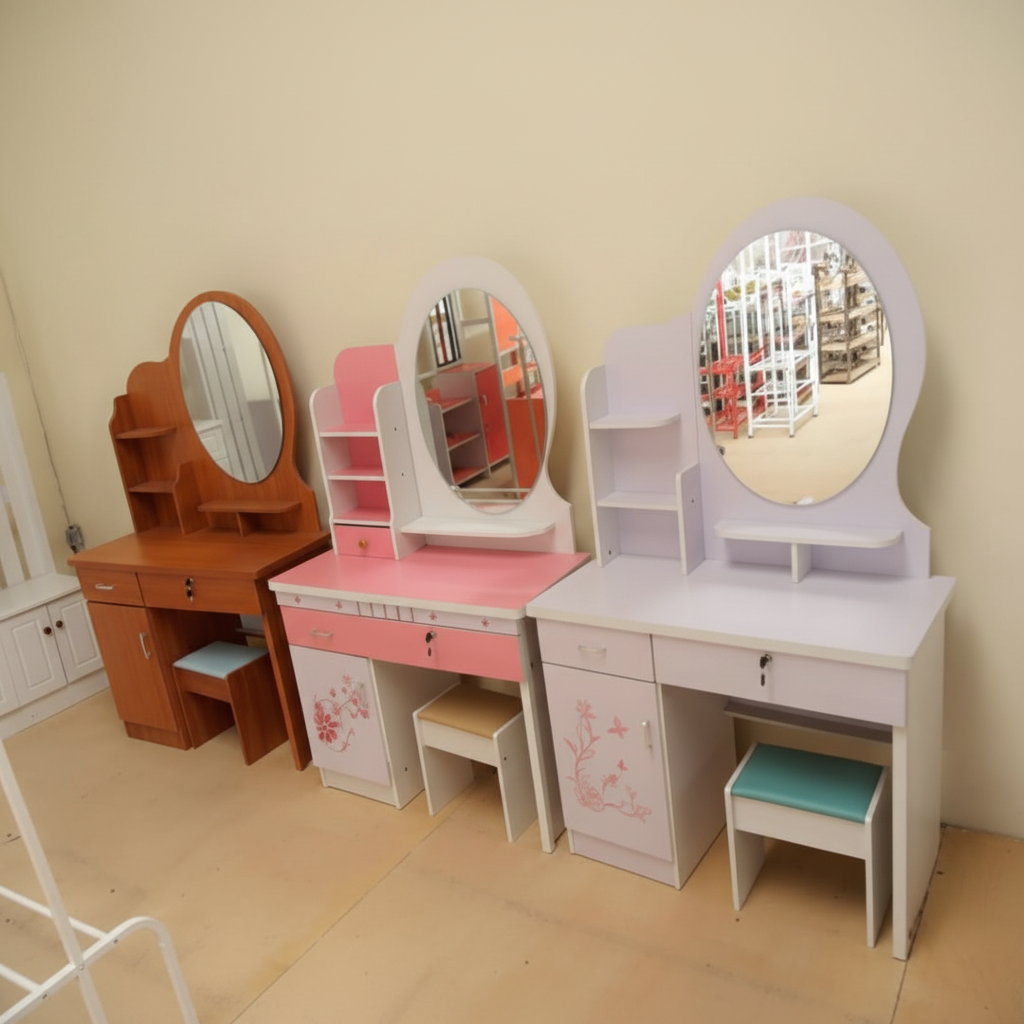 Dressing Table - Vanity Set with Oval Mirror Stool Drawers Kids and Adults Furniture Dressing Tables