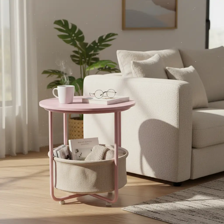 Round Side Table with Woven Basket Shelf Side Table End Tables