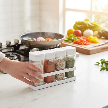 Spice Bottles - Press-Type Seasoning Set with Rack ABS PP White Black Kitchen & Dining Spice Organizers