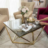 Coffee Table - Hexagonal Smoked Glass Top with Gold Geometric Steel Base Furniture Coffee Tables