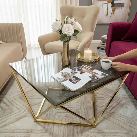Coffee Table - Hexagonal Smoked Glass Top with Gold Geometric Steel Base Furniture Coffee Tables