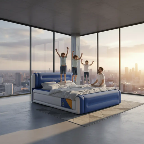 Inflatable Air Bed - 5x6 203x152x36cm with Headrest Inbuilt Rechargeable Pump and Storage Bag Blue Furniture Air Beds