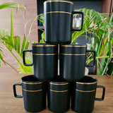 Mug Set - 6-Piece Matte Black Ceramic with Gold Double Ring Kitchen & Dining Coffee & Tea Cups