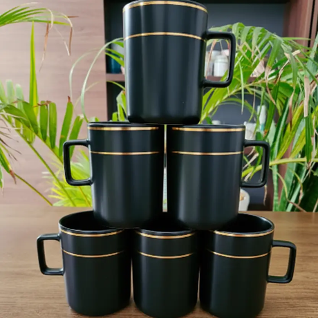 Mug Set - 6-Piece Matte Black Ceramic with Gold Double Ring Kitchen & Dining Coffee & Tea Cups