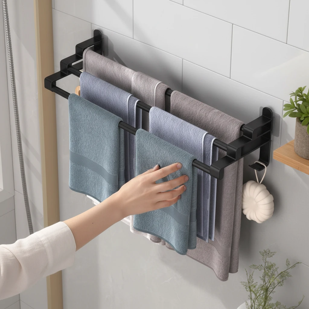 3-Layer Wall Mounted Towel Rack 60x16.5x12.5cm ABS Carbon Steel Adhesive or Screw Black White Home & Garden Towel Racks