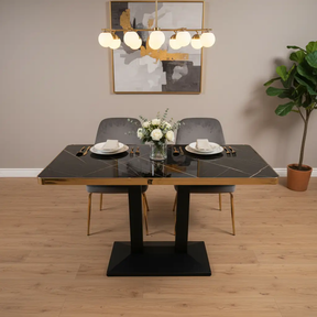 Dining Table - Black Marble Effect Top with Gold Edge Trim and Black Pedestal Base Furniture Kitchen & Dining Room Tables