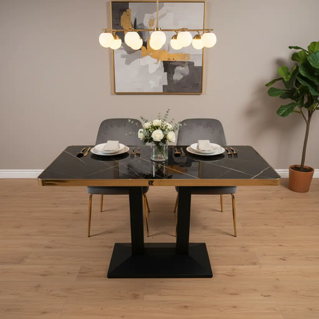 Dining Table - Black Marble Effect Top with Gold Edge Trim and Black Pedestal Base Furniture Kitchen & Dining Room Tables