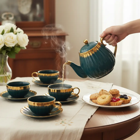 Tea Set - 13-Piece Teal Ceramic Gold Rim Ribbed Teapot 6 Cups and Saucers Kitchen & Dining Tea Sets