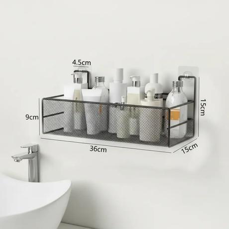 Large Black Mesh Wall Shelf Self-Adhesive No-Drill 36x15x15cm Bathroom Kitchen Home & Garden Wall-Mounted Caddies