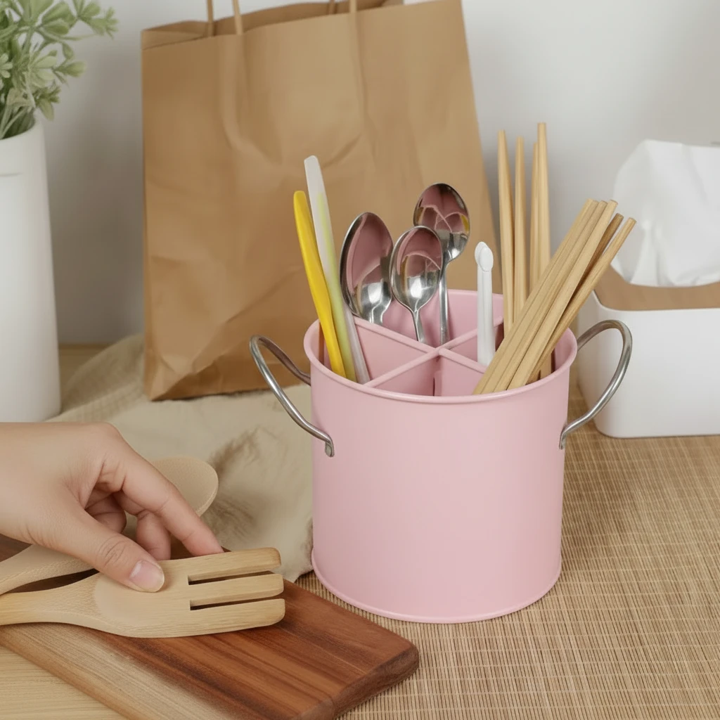 4-Compartment Metal Cutlery Holder Bucket Dual Handles White Red Pink 19x13.5cm Kitchen & Dining Kitchen Utensil Holders