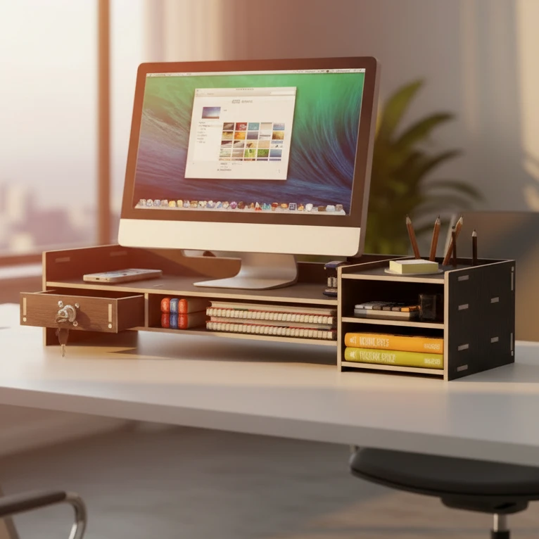 Bamboo Monitor Stand Riser with Drawer and Storage Multi-Compartment Home & Garden Computer Risers & Stands