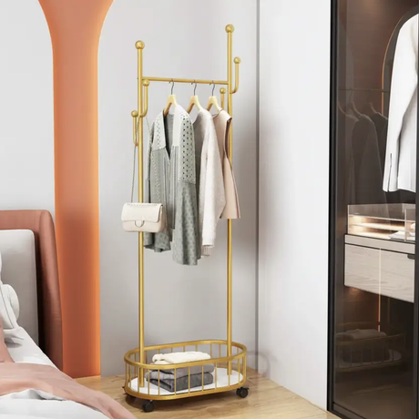 Clothes Rack - Gold Metal Rolling Garment Rail with Bottom Basket 174cm Furniture Garment Racks