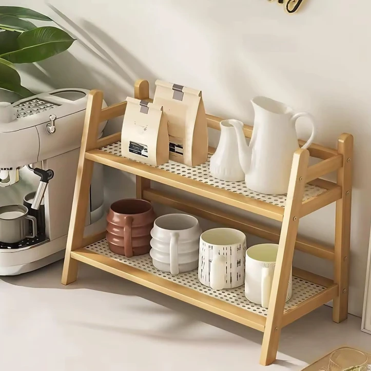 2-Tier Bamboo A-Frame Countertop Storage Rack Wicker Shelf Light Dark Brown Kitchen & Dining Kitchen Organizers