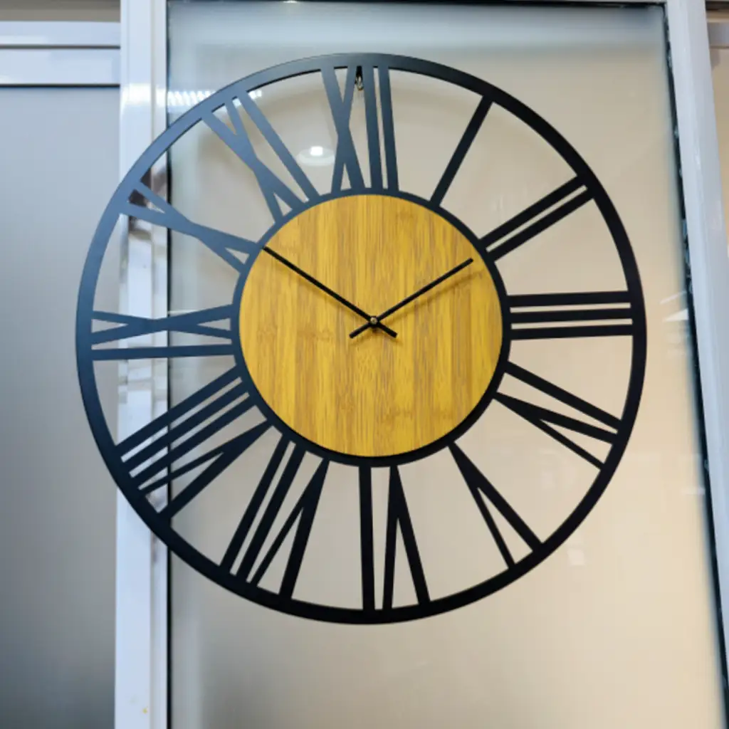 Wall Clock - Open Frame Roman Numeral with Oak Wood Centre and Black Metal Frame Home Decor Wall Clocks