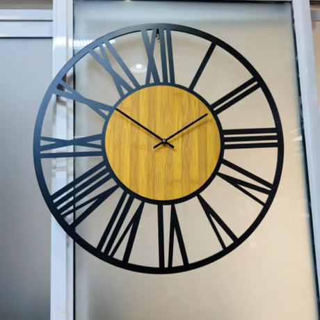 Wall Clock - Open Frame Roman Numeral with Oak Wood Centre and Black Metal Frame Home Decor Wall Clocks