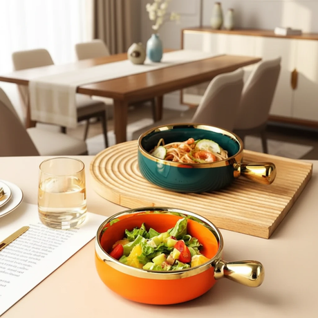 Porcelain Snack Bowl With Gold Handle And Rim 16cm Green Orange Kitchen & Dining Bowls