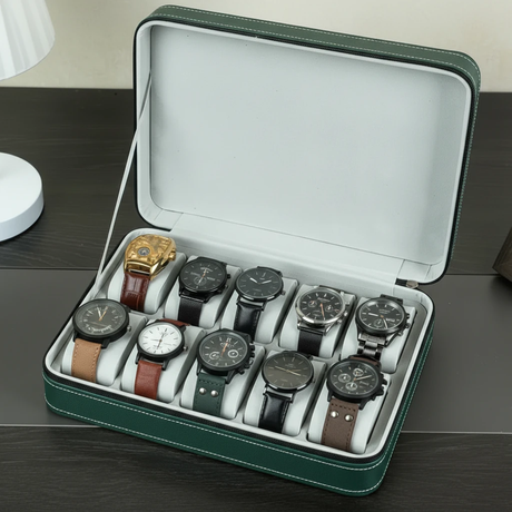 10-Slot Watch Storage Box Green PU Leather with Zipper Case Bags & Accessories Watch Accessories
