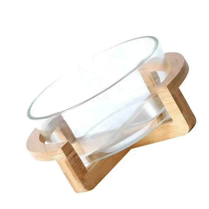Salad Bowl - Borosilicate Glass with Wooden Base Kitchen & Dining Serveware