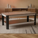 Coffee Table - Dark Wood Grain Effect Top 2-Tier with Black Steel Frame and Open Shelf Furniture Coffee Tables