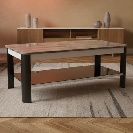 Coffee Table - Dark Wood Grain Effect Top 2-Tier with Black Steel Frame and Open Shelf Furniture Coffee Tables
