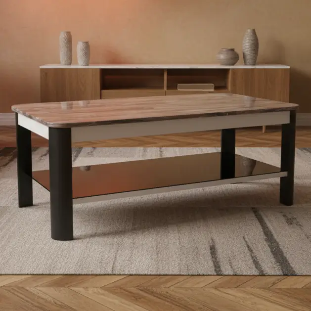 Coffee Table - Dark Wood Grain Effect Top 2-Tier with Black Steel Frame and Open Shelf Furniture Coffee Tables