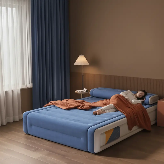 Inflatable Air Bed - 5x6 203x152x36cm with Headrest Inbuilt Rechargeable Pump and Storage Bag Blue Furniture Air Beds