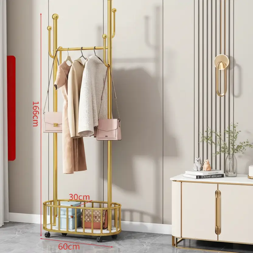 Clothes Rack - Gold Metal Rolling Garment Rail with Bottom Basket 174cm Furniture Garment Racks