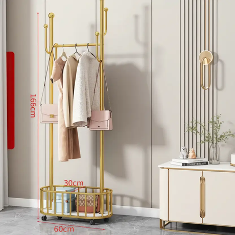 Clothes Rack - Gold Metal Rolling Garment Rail with Bottom Basket 174cm Furniture Garment Racks