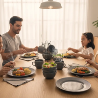 Dinner Set - 16-Piece Grey Beaded Ribbed Ceramic with Wire Stands Kitchen & Dining Dinnerware Sets