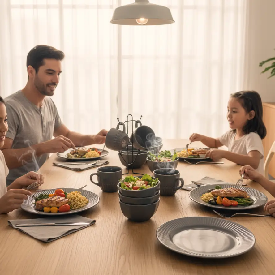 Dinner Set - 16-Piece Grey Beaded Ribbed Ceramic with Wire Stands Kitchen & Dining Dinnerware Sets