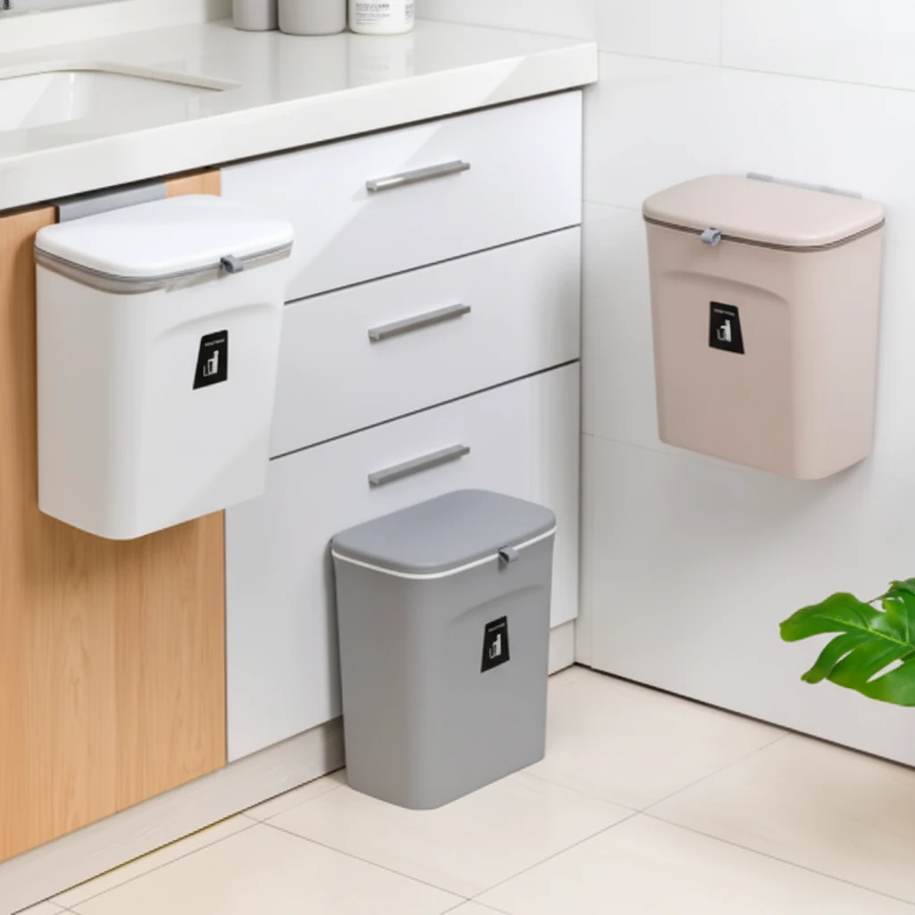 Kitchen Wall Mounted Hanging Trash Can with Flip Lid Cabinet Door Waste Bin Removable Liner Grey White Home & Garden Trash Cans