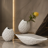 Sculptural Decor Set - White Abstract Textured Ceramic 3-Piece Vase Bowl Home & Garden Vases