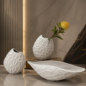 Sculptural Decor Set - White Abstract Textured Ceramic 3-Piece Vase Bowl Home & Garden Vases