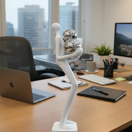Abstract Running Figure Chrome Silver Balls Resin Sculpture White Marble Base 45cm Home & Garden Sculptures & Statues