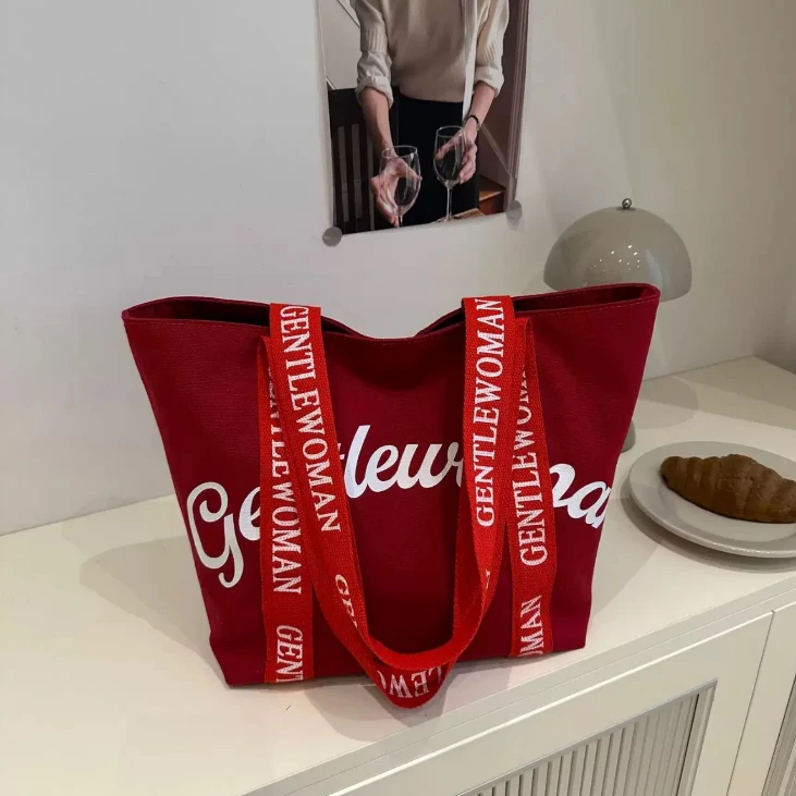 Gentlewoman Large Canvas Tote Bag Bold Script Print Lettered Shoulder Straps White Black Red Navy Khaki Baby Blue Bags & Accessories Tote Bags