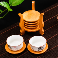 Coaster Set - 6-Piece Round Bamboo Saucer with 6-Claw Holder Stand Natural Kitchen & Dining Coasters