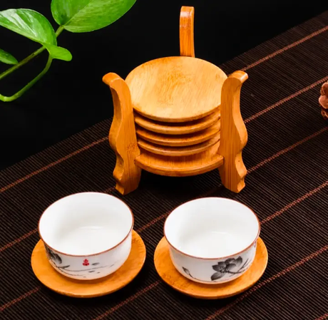 Coaster Set - 6-Piece Round Bamboo Saucer with 6-Claw Holder Stand Natural Kitchen & Dining Coasters