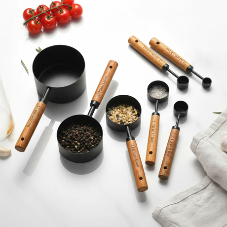 Measuring Cups and Spoons Set - 8pc Stainless Steel Engraved Fragrant Wood Handle Black Gold Kitchen & Dining Measuring Cups & Spoons